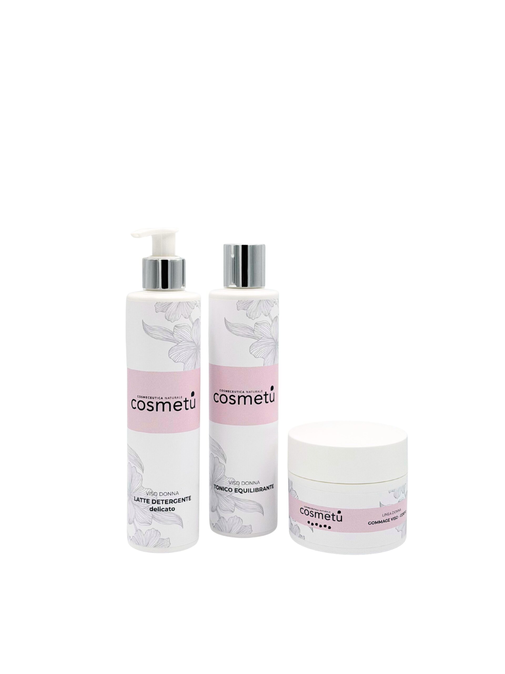 Kit Reset Viso Ripartenza – Detersione, idratazione ed esfoliazione Kit Reset Viso Cosmetù con latte detergente, tonico con acido ialuronico e gommage viso corpo